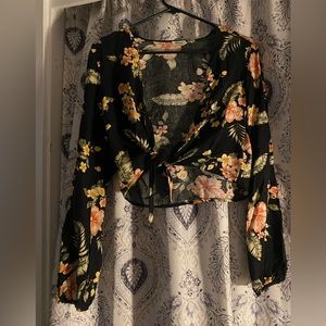 Garage Size XS Crop Tie Front Long Sleeve Shirt